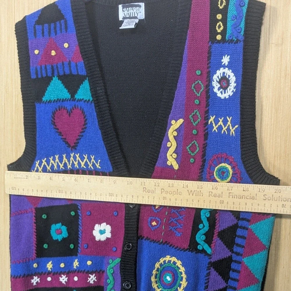 Napa Valley Knit Vest Women's‎ Medium Colorful Patchwork Retro Heart Vtg 90s